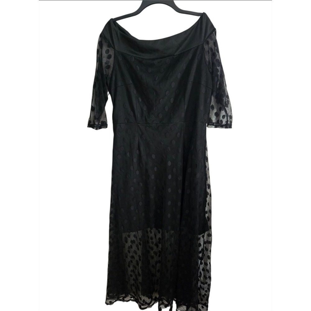 Black Polka Dot Lace Mesh Off Shoulder Midi Dress Womens XL Evening Cocktail...